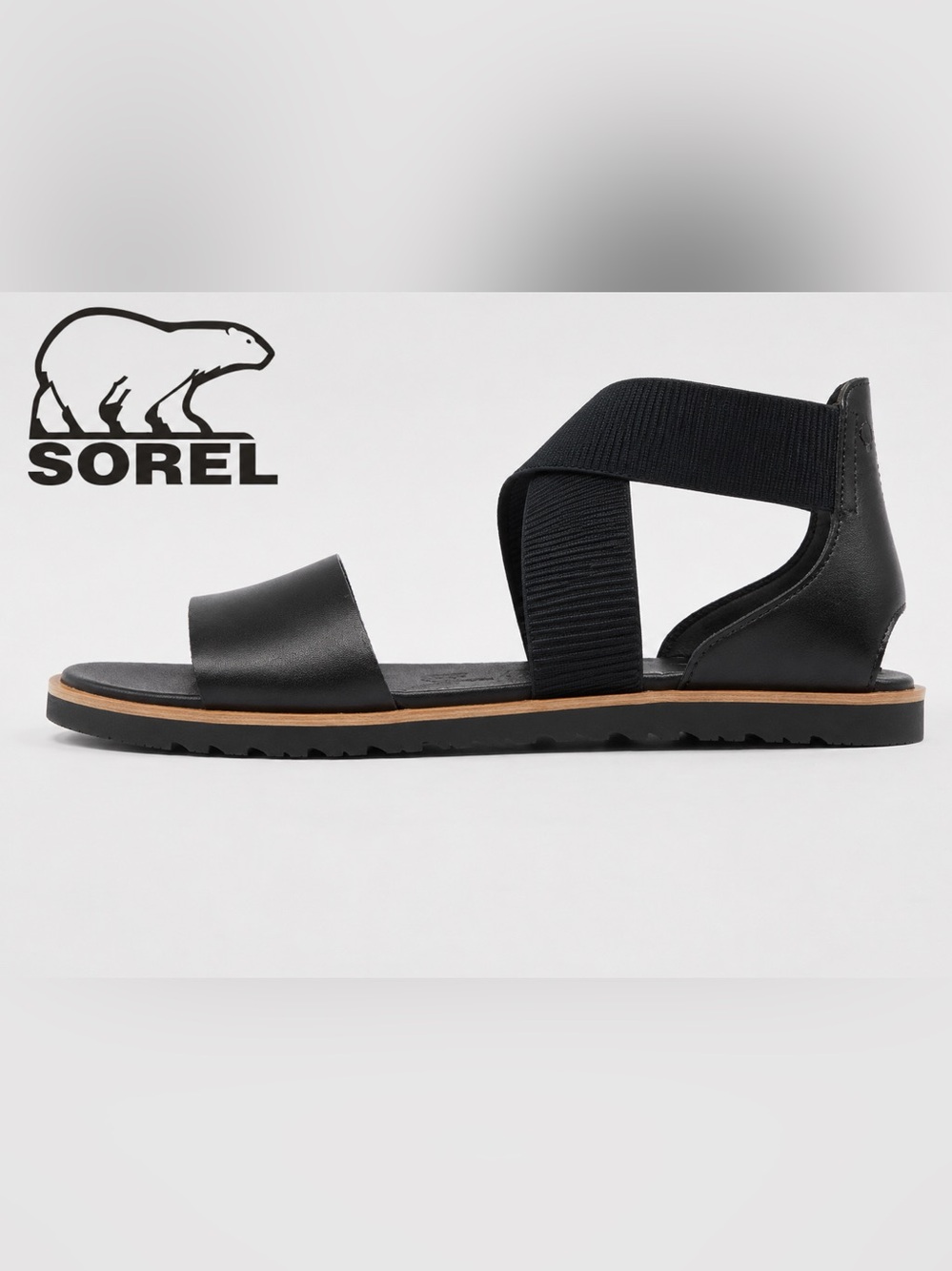 SOREL Ella II Black Leather Elastic Criss Cross Ankle  Flat Sandals US 8.5